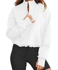 Women's Cropped 1/4 Zip Sweatshirt Hoodie With Kangaroo Pocket Lightweight Half Zip Pullover Cozy Relaxed Fit Long Sleeve Top For Fall And Winter Y2K Style White Large worn by model
