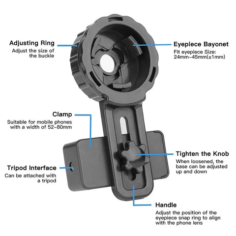 Smartphone Telescope Adapter Mount for 16-50mm Eyepieces showing details: adjusting ring, eyepiece bayonet, clamp, tripod interface, and handle
