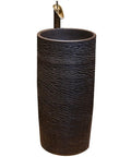 Heavy Duty Ceramic Pedestal Bathroom Sink And Vessel Combo Includes Faucet Drain And Handy Shelf Space Built Tough For Indoor Outdoor Use With Easy Peasy Plumbing Install, showcasing textured dark ceramic finish.