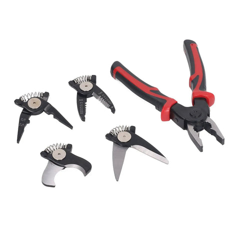 5 In 1 Wire Stripper And Handy Multifunction Pliers Set with interchangeable heads, alloy steel, for AWG 10 to 22, 16mm cable cutting, 1.5 to 6 crimping.