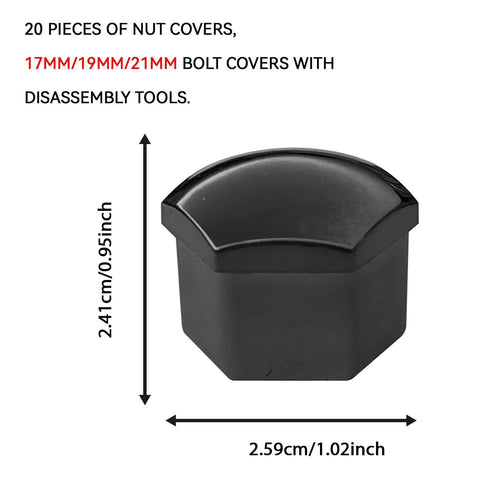 20 Piece Black Lug Nut Covers 21Mm Hexagonal Wheel Center Bolt Caps, black plastic cover 2.41cm x 2.59cm dimensions.
