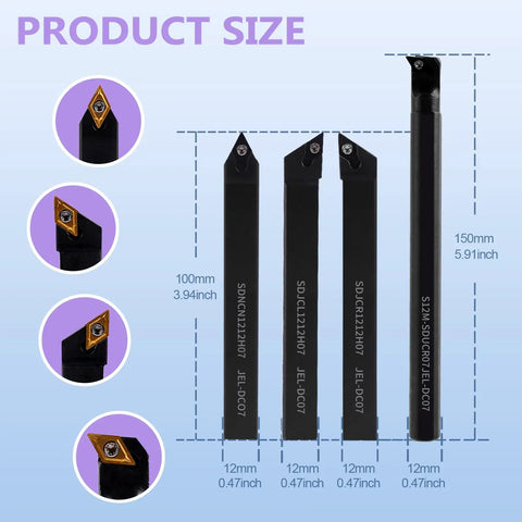 Beefed Up Indexable Lathe Turning Tool Set With Half Inch Shank 14 Piece Kit Including 4 Tool Holders And 10 DCMT 21 51 Carbide Inserts For Turning Boring Grooving And Metalworking showing 4 tool holders and carbide inserts with product dimensions.