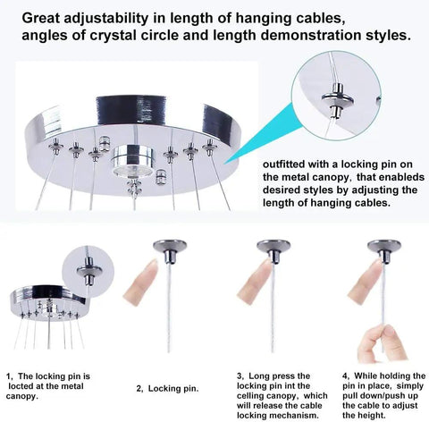 Adjustable hanging cables of dimmable LED three-ring chandelier with locking pin on metal canopy detail