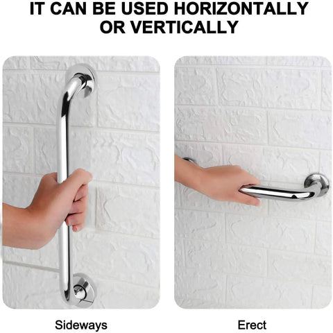 Two Pack 18 Inch Stainless Steel Shower Grab Bars For Tub And Shower Built Tough Up To 500 Lbs Rust Resistant Bath Handrails shown in both horizontal and vertical positions.