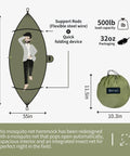 Illustration of Lightweight One Person Hammock With Mosquito Net Easy Setup and packaging dimensions.