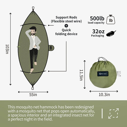 Illustration of Lightweight One Person Hammock With Mosquito Net Easy Setup and packaging dimensions.