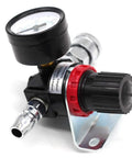 No Sweat Quarter Inch Air Pressure Regulator Valve Featuring Crisp Dial Gauge For Airbrush Spray Painting And Pneumatic Gear Adjusts Flow Zero To Eight Point Five Bar Rock Solid with gauge and flow control knob.
