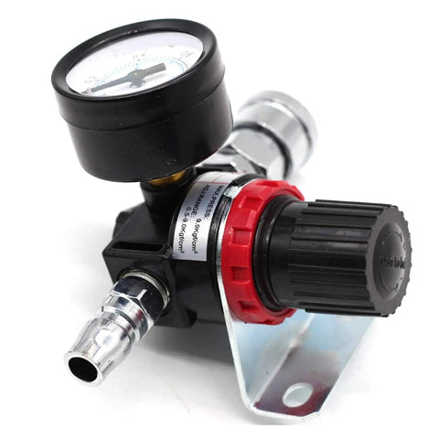 No Sweat Quarter Inch Air Pressure Regulator Valve Featuring Crisp Dial Gauge For Airbrush Spray Painting And Pneumatic Gear Adjusts Flow Zero To Eight Point Five Bar Rock Solid with gauge and flow control knob.