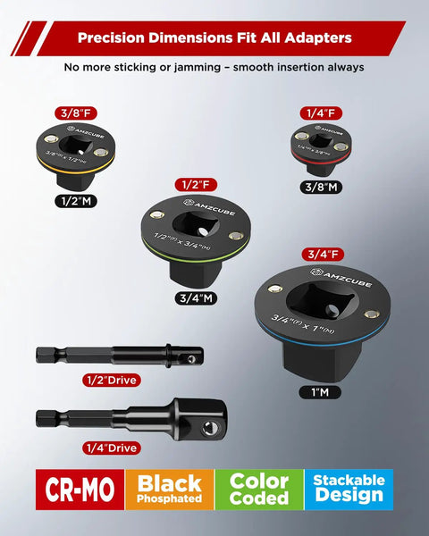 Low Profile Impact Socket Adapter Set With Color Coded Cr-Mo Drive Adapters From 1/4 To 1 Inch For Tight Spots displayed with dimensions