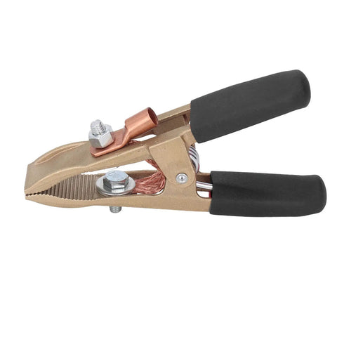 Heavy Duty Brass Welding Ground Clamp Rated For 500 Amps With Large 60mm Jaw Opening For Secure Earth Clip Hookups On Cars And Heavy Power Train Manufacturing Jobs You Can Count On Today, close-up view.