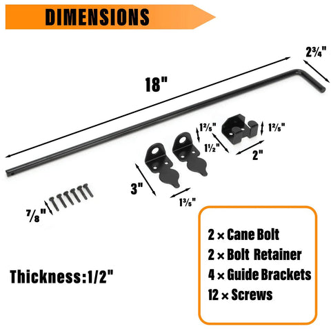 Tough As Nails 18 Inch Heavy Duty Cane Bolt Drop Rod Ground Latch For Wood Metal Vinyl Fence Gates Or Double Doors Rust Proof Steel Security Hardware Black Finish 2 Pack components including dimensions and accessories.