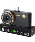 Pro Grade Thermal Imaging Camera For iOS And Android With 512x384 Resolution on stand, gold accents, USB-C adapter visible