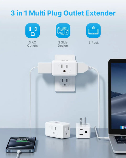 Three Outlet Power Plug Extender And Grounded Wall Tap Adapter With Three Prong Grounding Multi Outlet Splitter for travel uses.