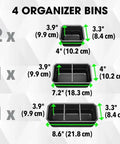 Stackable Storage System Compact Organizer Box With Quick Connect Interlock showing dimensions of 4 divider bins.