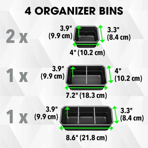 Stackable Storage System Compact Organizer Box With Quick Connect Interlock showing dimensions of 4 divider bins.