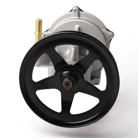 Front view of B.ZSSY vacuum pump with black drive pulley, aluminum housing, and brass inlet fitting.