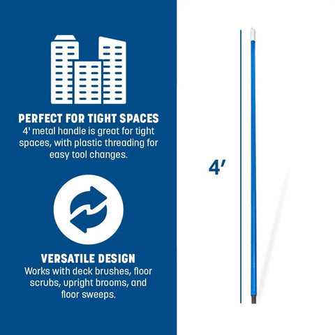 Heavy Duty 48 Inch Powder Coated Metal Broom Handle With Smooth Plastic Thread Attachment And Secure Hanging Cap Standard Acme Fitting For Floor Sweeps 12 Pack Built Like A Truck Blue, 4 foot length shown.