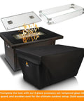 44 Inch Outdoor Propane Fire Pit Table With 50,000 BTU Heat, Tempered Glass Top, cover and accessories displayed, ideal for cozy nights.