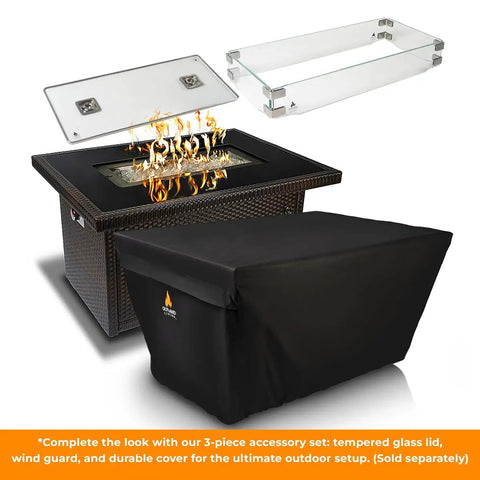 44 Inch Outdoor Propane Fire Pit Table With 50,000 BTU Heat, Tempered Glass Top, cover and accessories displayed, ideal for cozy nights.