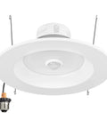 5 Inch And 6 Inch Retrofit LED PIR Motion Sensor Downlight, Super Bright 1300 Lumens, 14W, 5 CCT Color Temperatures, Indoor Outdoor Use, Motion Auto On For 30 Seconds After Detection, High CRI 80, Energy Efficient Lighting. white LED downlight with sensor and E26 connector