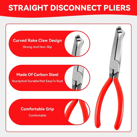 Straight disconnect pliers from 4-Piece Auto Electrical Disconnect Pliers Set with Storage Box, featuring red handles and claw design.
