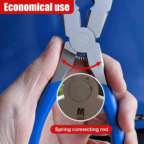 Close-up of 8 Inch MIG Welding Pliers 6 In 1 Handy Multi Tool showing spring mechanism with anti slip handle in blue