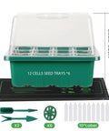 All In One Seedling Starter Kit With Grow Lights And Heat Mat, 12-cell trays, humidity dome, measuring 8.5cm, shown with labels and tools