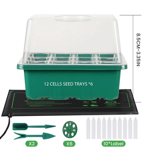 All In One Seedling Starter Kit With Grow Lights And Heat Mat, 12-cell trays, humidity dome, measuring 8.5cm, shown with labels and tools