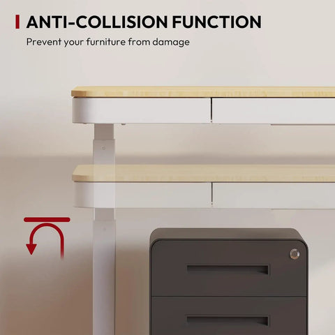 Electric Height Adjustable Standing Desk With Built In Drawer Smooth Motor Lift And Generous Workstation Surface For Home Office showing anti-collision feature.