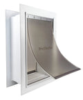 Built Damn Tough Large Dog Wall Door With Adjustable Telescoping Frame For Canines Up To One Hundred Pounds showing flexible flap and frame.
