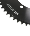 Beefy Track Bike Chainring For Fixie 144BCD 1X 60 Tooth Black Aluminum 7075 T651 CNC Machined, close-up of teeth and engravings