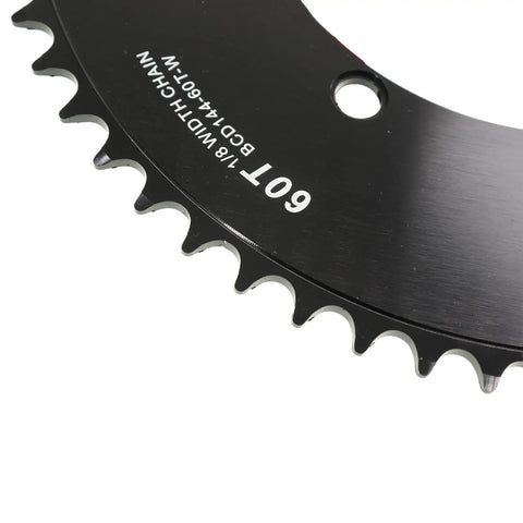 Beefy Track Bike Chainring For Fixie 144BCD 1X 60 Tooth Black Aluminum 7075 T651 CNC Machined, close-up of teeth and engravings