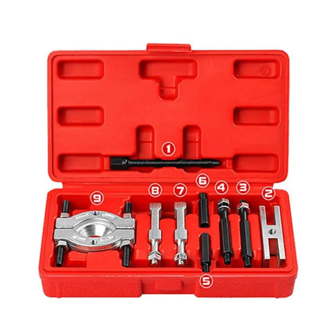 Professional 9 Piece Bearing Separator Puller Set Removal Tool Kit Features Blade Edge Design That Fits Tight Spots Separating Rings Quickly To Prevent Damage During Installation Great For Mechanics Saving Time Fixing Cars Smooth No Stress Now, red case open
