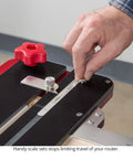 Close-up of the scale and clamp on the 32 Inch Router Dado Jig, showcasing precision adjustments for exact cuts.