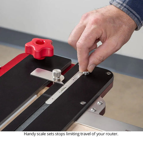 Close-up of the scale and clamp on the 32 Inch Router Dado Jig, showcasing precision adjustments for exact cuts.
