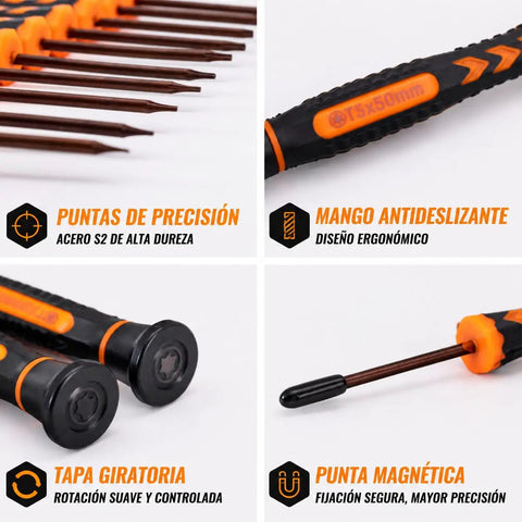 Slick Ten Piece Magnetic Torx Screwdriver Set With T2 Through T15 Security Drivers And Hollow Tips for precision gadget repair.