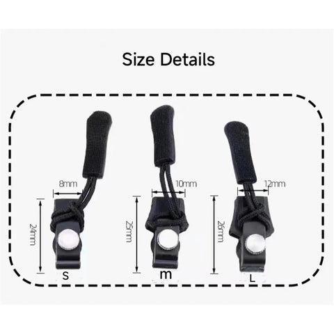 Removable Zipper Repair Kit For Bags Coats Clothes Shoes And Boots No Tools Needed No Fuss Quick Fix Zipper Head Replacement Durable Pulls 6 Pack Large Size Easy Install For Zipper Failures And Sliders showing 3 sizes S, M, L with measurements.
