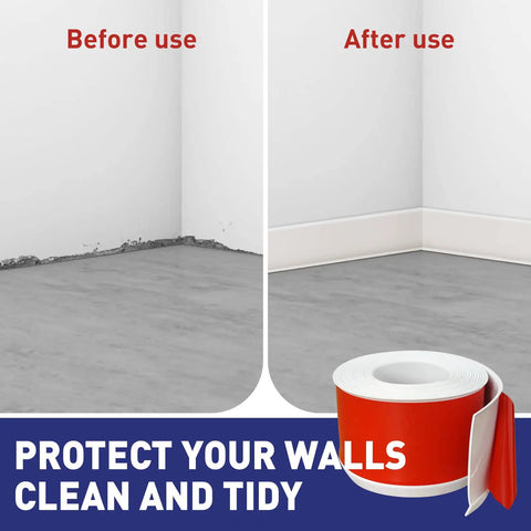 Before and after use of Flexible Vinyl Baseboard Molding Trim 4 Inch By 20 Feet White Self Adhesive Peel And Stick Wall Base Molding