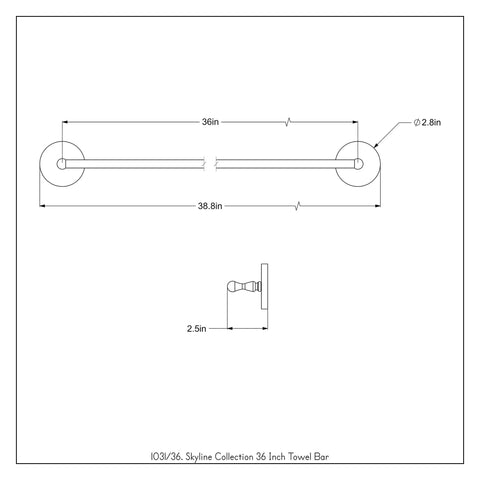 Technical drawing of Skyline Collection Matte Black 36 Inch Towel Bar With Concealed Mounting Hardware, Solid Brass Build.