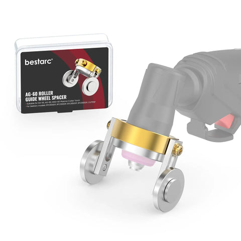 AG-60 Plasma Cutter Roller Guide Wheel Spacer Compass Stand Off For SG-55 WSD-60 BTC500DP With Pilot Arc Starting, shown with packaging and attached to torch.