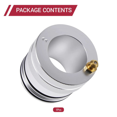 Rawsomes 44mm aluminum wheel bearing greaser tool for UTVs; knurled grip with brass nozzle