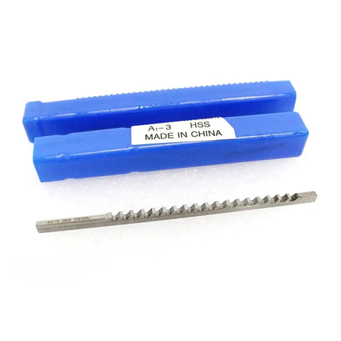 3mm Push Type Keyway Broach Set in High Speed Steel for CNC Machines with blue storage case, showing broach teeth