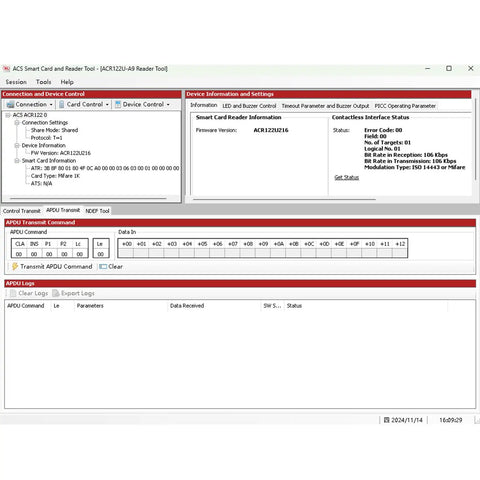 Software interface of ACR122U NFC Card Reader Writer USB with SDK for ISO 14443 Mifare and FeliCa Cards CCID Compliant