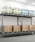 Built Tough 48X144X120 Inch Two Tier Galvanized Teardrop Pallet Rack Add On with stored boxes in a cold storage setting.
