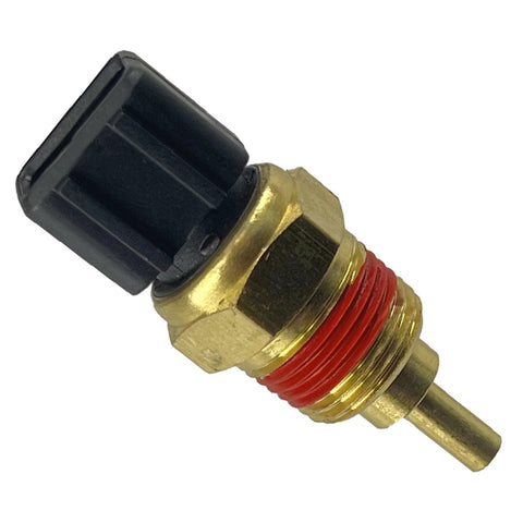 Coolant temperature sensor close-up: brass threaded body with red sealant and black electrical connector