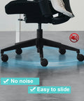 Five black office chair caster wheels attached to a five-star base on hardwood floors.