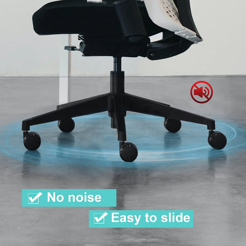 Five black office chair caster wheels attached to a five-star base on hardwood floors.