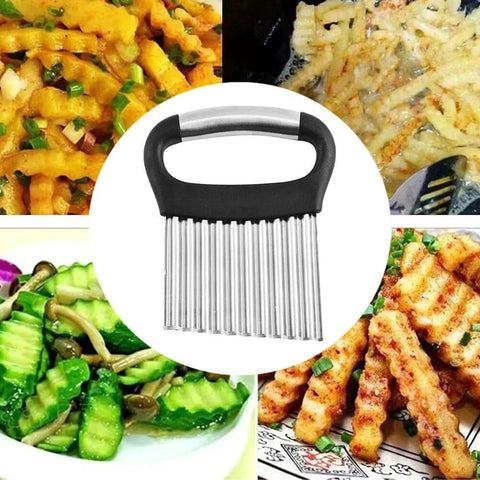Front view of stainless steel crinkle cutter with black ergonomic handle; ideal for potatoes, cucumbers and carrots.