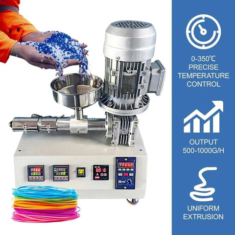 Badass Desktop 3D Printer Filament Extruder With 1000W Power, compact unit melting blue plastic pellets into filament.