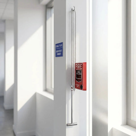 3 Pack Emergency Glass Breaker Hammers For Fire Alarm Call Points In Commercial Buildings, displayed in a hallway.
